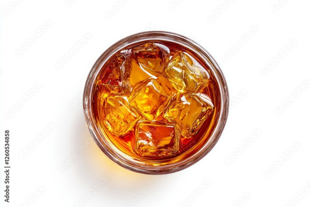 Glass of amber liquid on solid white surface. AI generated Glass of amber liquid on solid white surface. AI generated