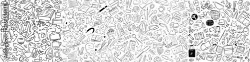 A modern line art school seamless pattern featuring monochrome doodles of education and school supplies is suitable for various applications