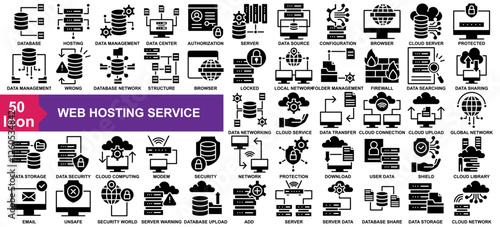 "Web Hosting Service" icon collection set. Database, Hosting, Database Management, Data Center, Authorization icon. Simple Glyph vector.