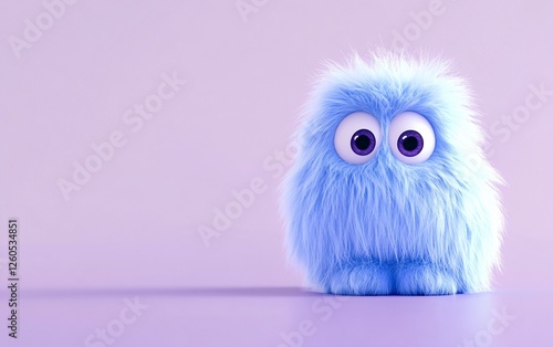 Cute fluffy blue monster with big eyes against purple background photo