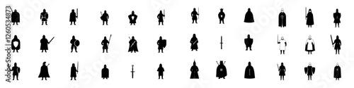 A collection of monochrome knights in various poses set against a white background, ideal for designing logos, emblems, labels, and badges