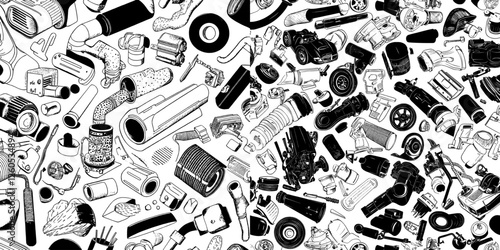 A seamless pattern of automobile car parts is set against a monochrome background with black and white elements
