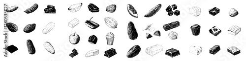 A hand-drawn image of a chocolate bar and cacao beans is presented in a black and white draft sketch, set against a clean white background, evoking a vintage yet modern food illustration