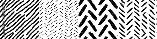 A modern seamless pattern featuring black and white hand-drawn herringbone design is showcased, with abstract strokes and texture in the background, created using watercolor, ink, and marker hatches