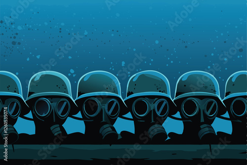 Design a gritty, industrial background featuring a row of worn military helmets amidst a hazy, toxic green gas cloud.