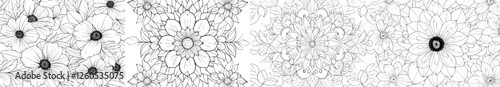Adult coloring book featuring a black and white floral pattern, including doodle-style flowers for a therapeutic coloring experience