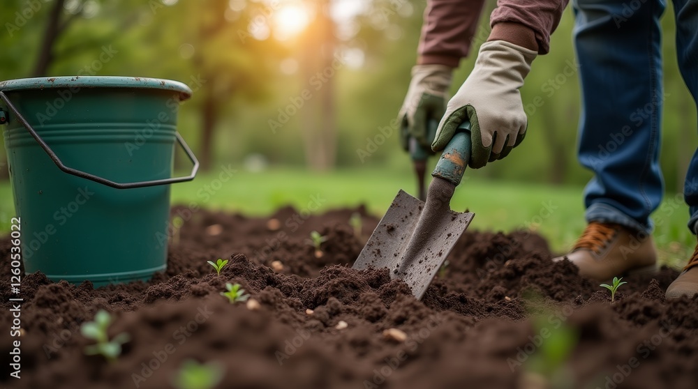 Naklejka premium Gardener wearing gloves planting seedlings in soil using hand shovel with green bucket nearby in outdoor garden