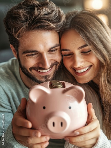 Portrait Of Happy Couple Inserting Coin In Piggybank photo