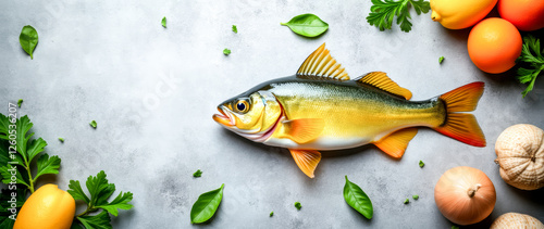 vibrant yellow fish with citrus fruits and herbs on a gray background photo