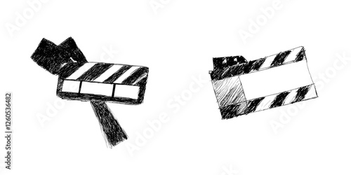 A hand-drawn, modern sketch of a movie clapperboard doodle icon, used on film sets for cinema production to signal the start of a video clip scene with the iconic lights, camera, action phrase
