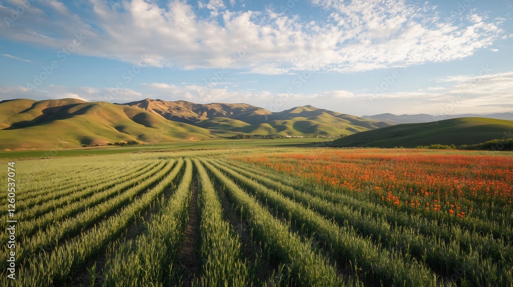 Serene Rolling Hills Farmland with Poppy Field Serene Rolling Hills Farmland with Poppy Field