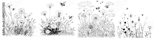 Black silhouettes of various flora, including grass, spikes, and herbs, are set against a white backdrop, accompanied by hand-drawn illustrations of flowers and bees