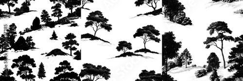 Vintage nature illustration is showcased through seamless pattern groups with pine trees in forest pastoral, presented in a French toile black and white landscape hand drawn engraving print