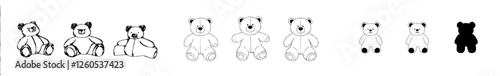 A contemporary illustration featuring a cute teddy bear depicted in various poses, all created by hand