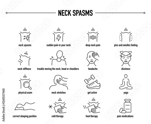 Neck Spasms symptoms, diagnostic and treatment vector icon set. Line editable medical icons