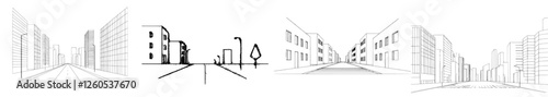A hand-drawn sketch of a big city street in black and white on a white background represents the concept of a modern city view and architectural plan for building construction, depicted in a flat