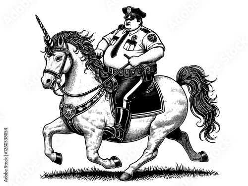 uniformed police officer riding a galloping unicorn, blending realism with fantasy in a humorous and imaginative artistic style sketch engraving generative ai PNG. Scratch board. Black and white.