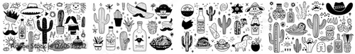 A modern illustration of Cinco de Mayo outline icons is presented in a set, featuring a Mexican carnival decoration collection that includes hand drawn food from Mexico, a sombrero hat, pinata,