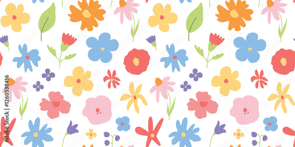 Floral naive seamless pattern. Spring and summer blossoms. Cute doodle flowers. Childish pastel texture. Botanical background, ornament, wallpaper. Vector. Floral naive seamless pattern. Spring and summer blossoms. Cute doodle flowers. Childish pastel texture. Botanical background, ornament, wallpaper. Vector.