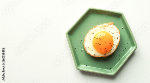 perfectly fried egg with a runny yolk on a hexagon-shaped pale green plate photo