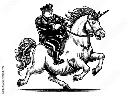 uniformed police officer riding a galloping unicorn, blending realism with fantasy in a humorous and imaginative artistic style sketch engraving generative ai PNG. Scratch board. Black and white.