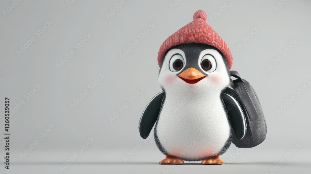 Obraz premium Cartoon Penguin with Hat and Bag, Studio Shot