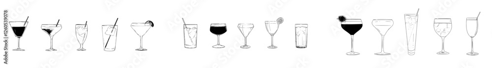 Cocktails are depicted in a modern illustration with a monochrome color engraving style Cocktails are depicted in a modern illustration with a monochrome color engraving style