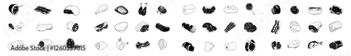 A modern illustration of a set of icons outlining meat products is presented, featuring a hand-drawn line style with various items including ham, smoked sausages, raw beef, pork steak, whole turkey,