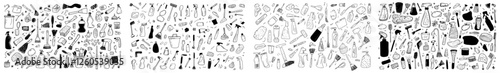 Modern illustration of a cleaning kit outline icons set, featuring line hand drawn equipment and tools for cleaning, washing, and disinfecting a house