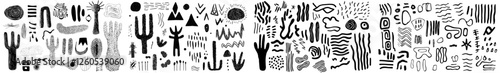 A collection of abstract black and white African art shapes is presented, featuring tribal doodle decorations and a set of various elements