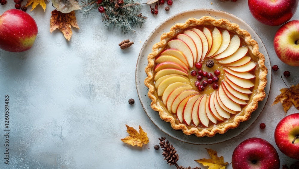 Beautiful apple pie decorated with thinly sliced apple petals and berries, surrounded by fresh apples and autumn leaves on a blue-gray background Beautiful apple pie decorated with thinly sliced apple petals and berries, surrounded by fresh apples and autumn leaves on a blue-gray background