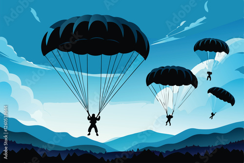 Create a vibrant vector illustration of multiple parachutes deploying, with detailed paratroopers descending, showcasing dynamic action and realistic equipment.