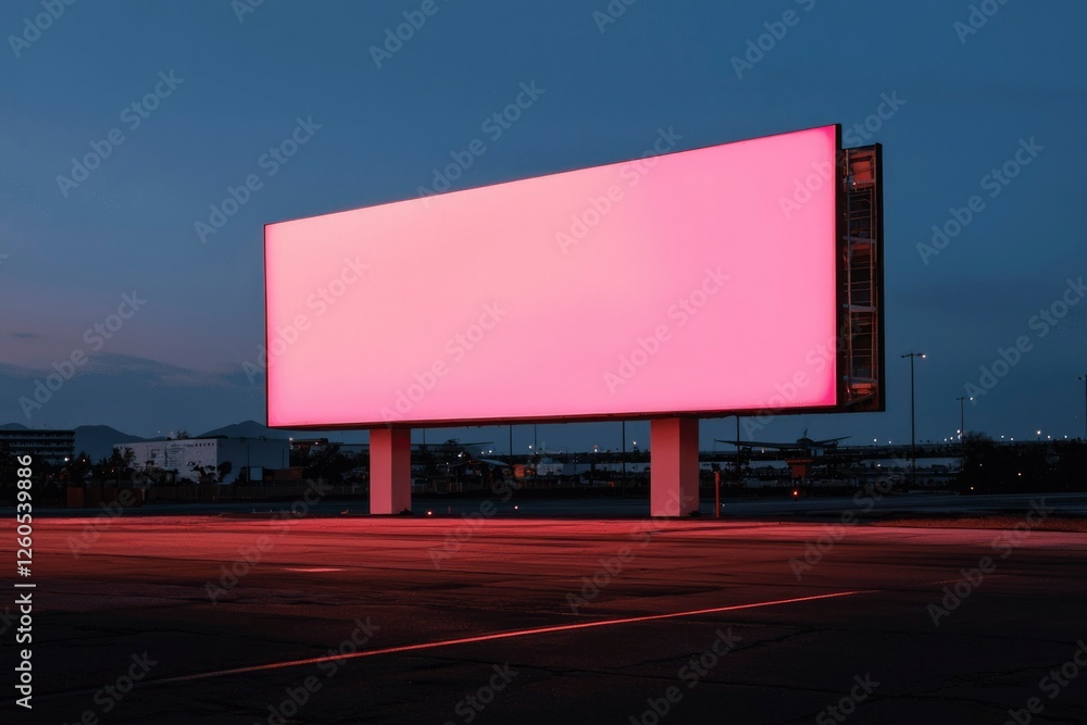 Blank billboard glows at twilight in city advertising, promotion, and marketing Blank billboard glows at twilight in city advertising, promotion, and marketing