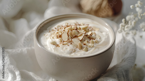 Creamy yogurt topped with almond slices in a bowl, set against a soft white background. Healthy dessert.
