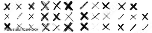 Modern X and V symbols, along with doodle cross and check marks, square boxes, and circle frames, comprise manuscript writing elements