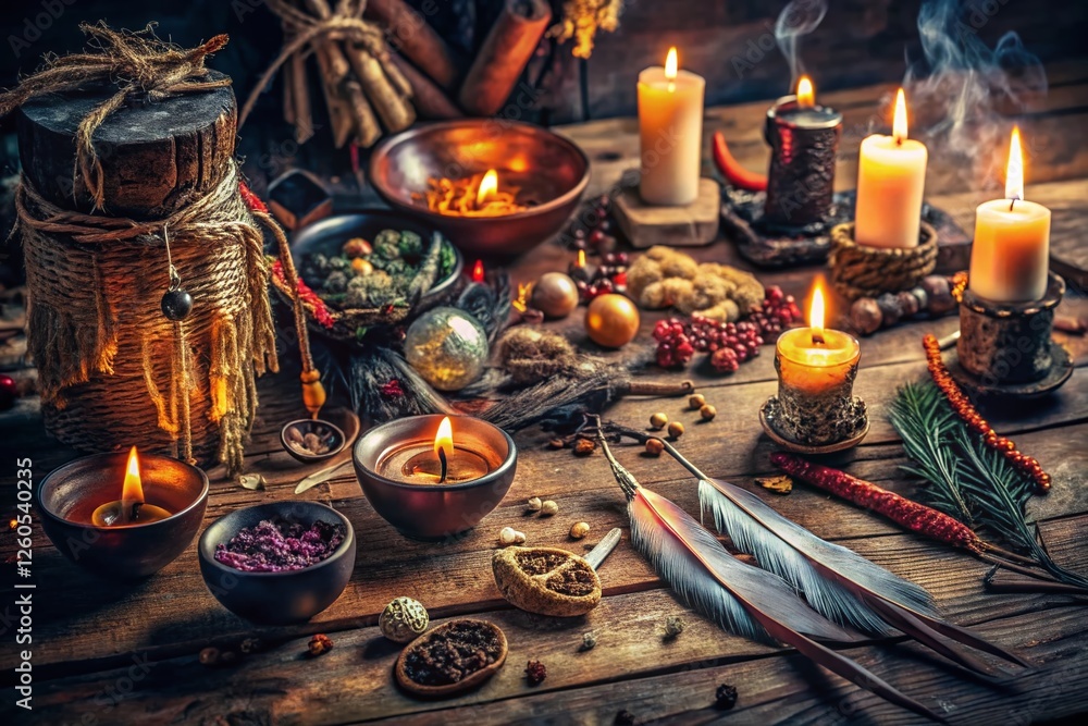 Mystical Voodoo Ritual Objects: Candles, Herbs, and Symbolic Charms on Dark Wooden Surface Mystical Voodoo Ritual Objects: Candles, Herbs, and Symbolic Charms on Dark Wooden Surface