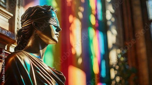 Blindfolded justice statue with rainbow backdrop, symbolizing fairness and diversity