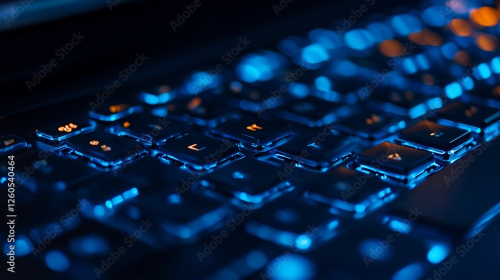 Illuminated laptop keyboard, close-up, night, work