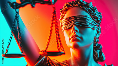 Blindfolded statue holding scales, symbolizing justice and balance, illuminated in vibrant neon colors