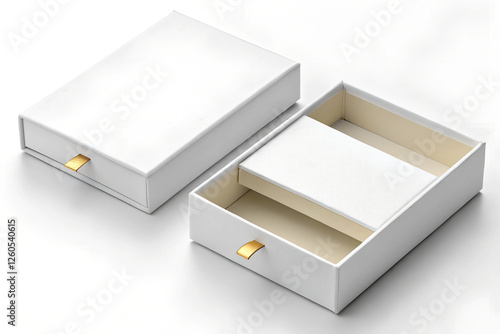 A white box with a golden handle is open and a smaller white box is inside with the same golden handle.
