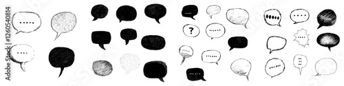 A collection of doodles featuring hand drawn speech bubbles isolated on a white background