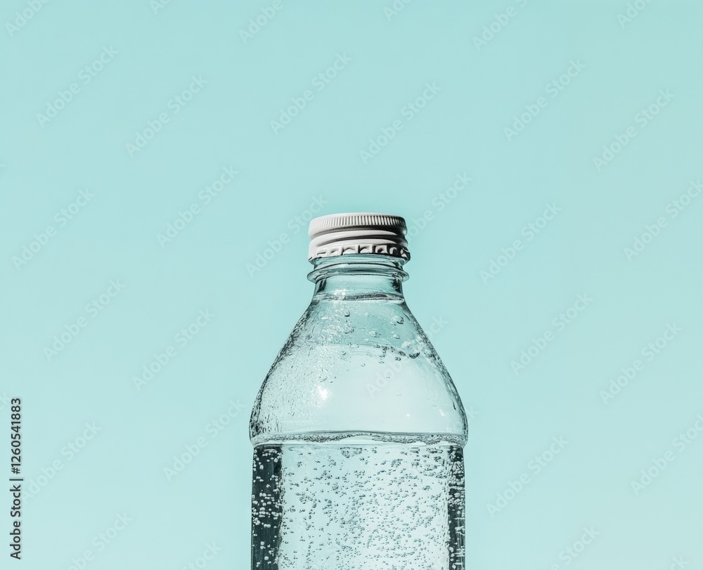 Bottle with clear clean water on a clean blue background, minimalistic composition with copy space, refreshing and pure drink concept Bottle with clear clean water on a clean blue background, minimalistic composition with copy space, refreshing and pure drink concept