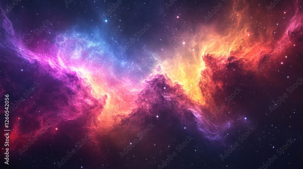 Obraz premium Abstract vibrant nebula with dynamic color swirls. Featuring cosmic gases and luminous stars. Emphasizing the beauty and vastness of space. Ideal for cosmic and fantasy-themed designs.