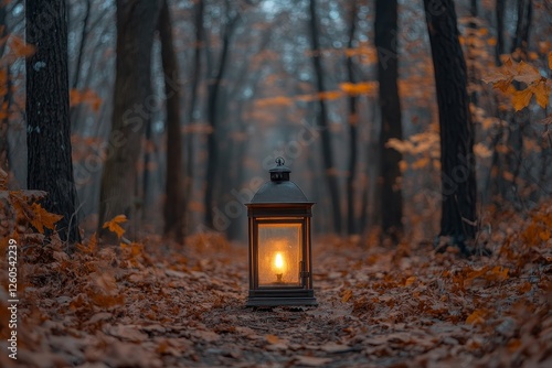 Autumn forest path lantern light