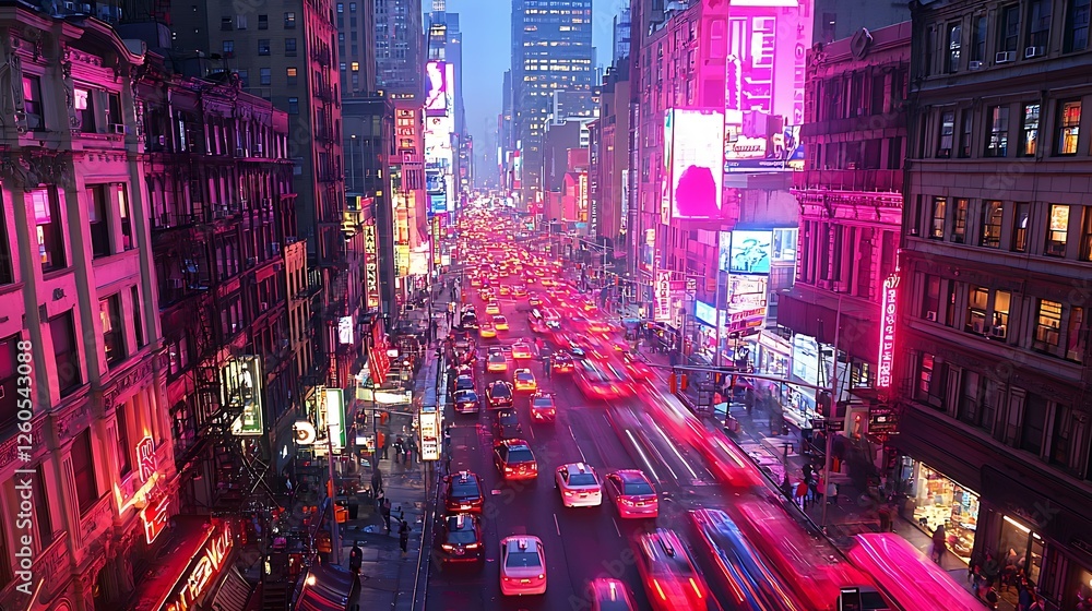 Obraz premium Night traffic, city street, skyscrapers, vibrant lights, urban scene, travel advertising