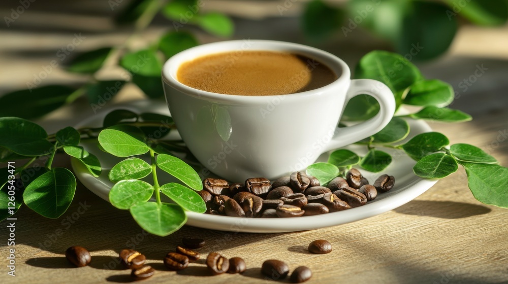 Freshly Brewed Coffee Cup Surrounded by Coffee Beans and Leaves Freshly Brewed Coffee Cup Surrounded by Coffee Beans and Leaves