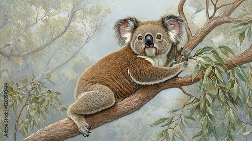 Koala resting eucalyptus tree misty forest wildlife art