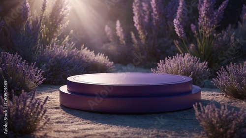 Purple pedestal is in a field of purple flowers