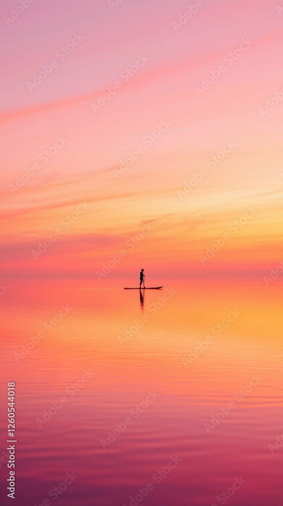 Fototapeta premium Paddleboarder at sunset in calm water; vibrant sky reflection for mindfulness ads
