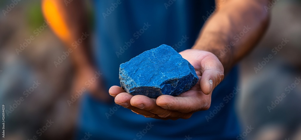 Man holding blue gemstone, outdoor background, nature Man holding blue gemstone, outdoor background, nature